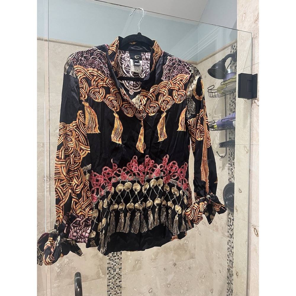 Vintage Roberto Cavalli Black Floral Silk Button Down Top Size Small IT 40